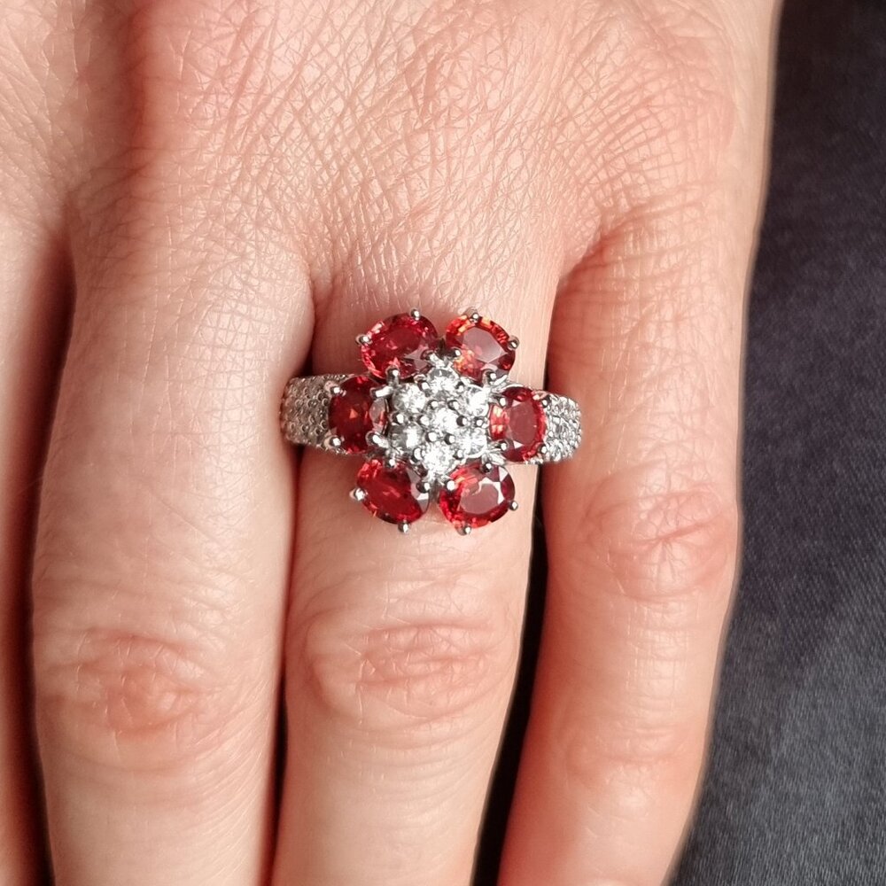 Sterling Silver 925 Red Ruby Floral Cluster Ring With White Accents Size 6.5